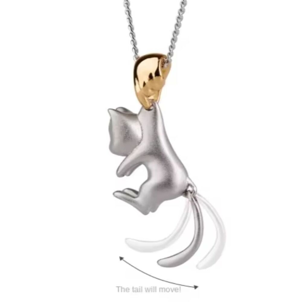 Brushed Silver Cat Swinging Tail Hanging from Gold Clasp Necklace
